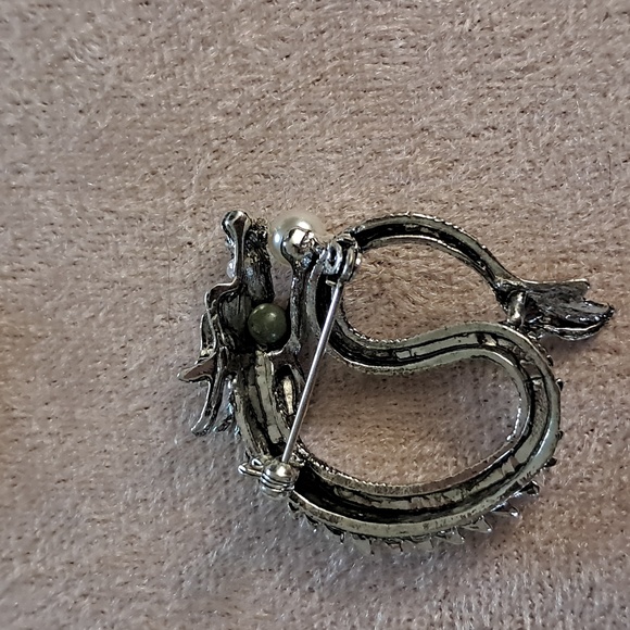 Fantasy Dragon Sea Serpent Silvertone faux pearl pin brooch Celtic Goth Punk - Picture 4 of 4